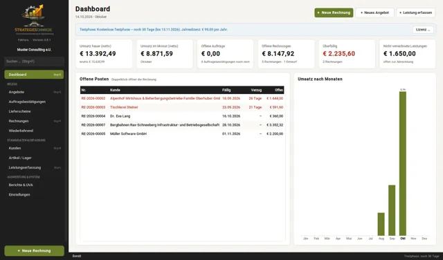 StrategieSchmiedeFaktura: Dashboard: Umsatz, offene Posten, Überfälliges und Monatsumsatz auf einen Blick