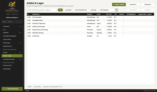 StrategieSchmiedeFaktura: Artikel und Lager: Bestand, Mindestbestand, Staffel- und Kundenpreise