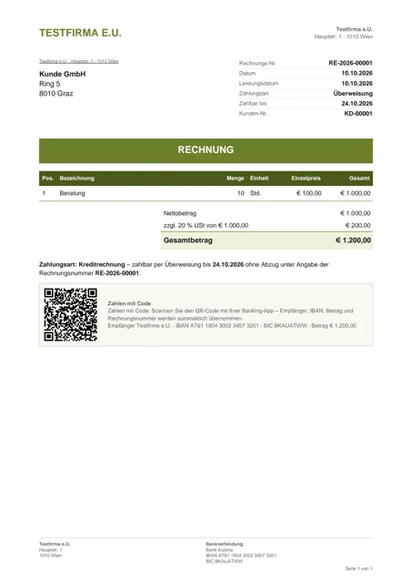 StrategieSchmiedeFaktura: Beispiel-Rechnung mit EPC-QR-Code zum Zahlen per Banking-App